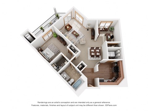 Floor plan for 1 bed, 1 bath, 940 sqft